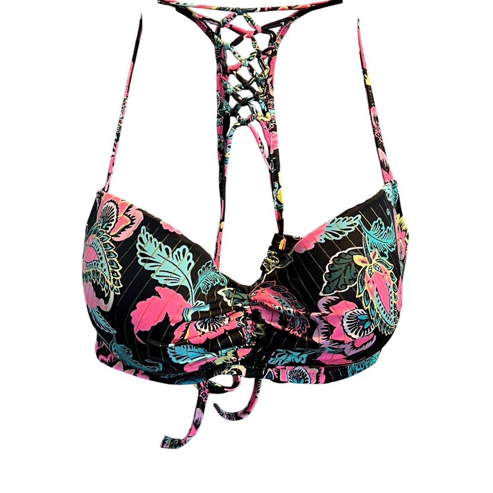 Shade & Shore Black Floral Lace-Back Bikini Top with Pink & Teal Accents 36DD